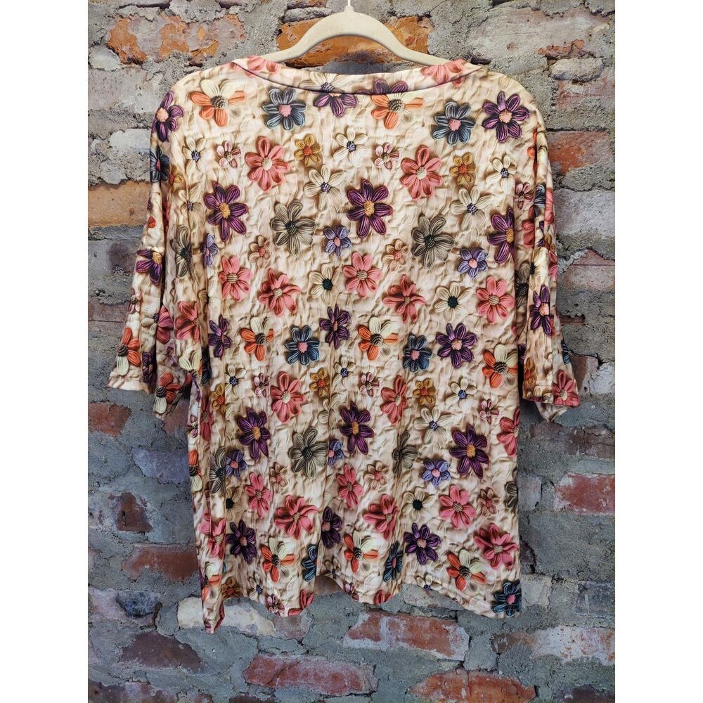 Womens XL Floral Textured V Neck 3/4 Sleeve Top Multicolor Casual Shirt - Picture 2 of 2
